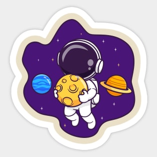 Cute Astronaut Floating In Space With Planet And Holding  Moon Cartoon Sticker